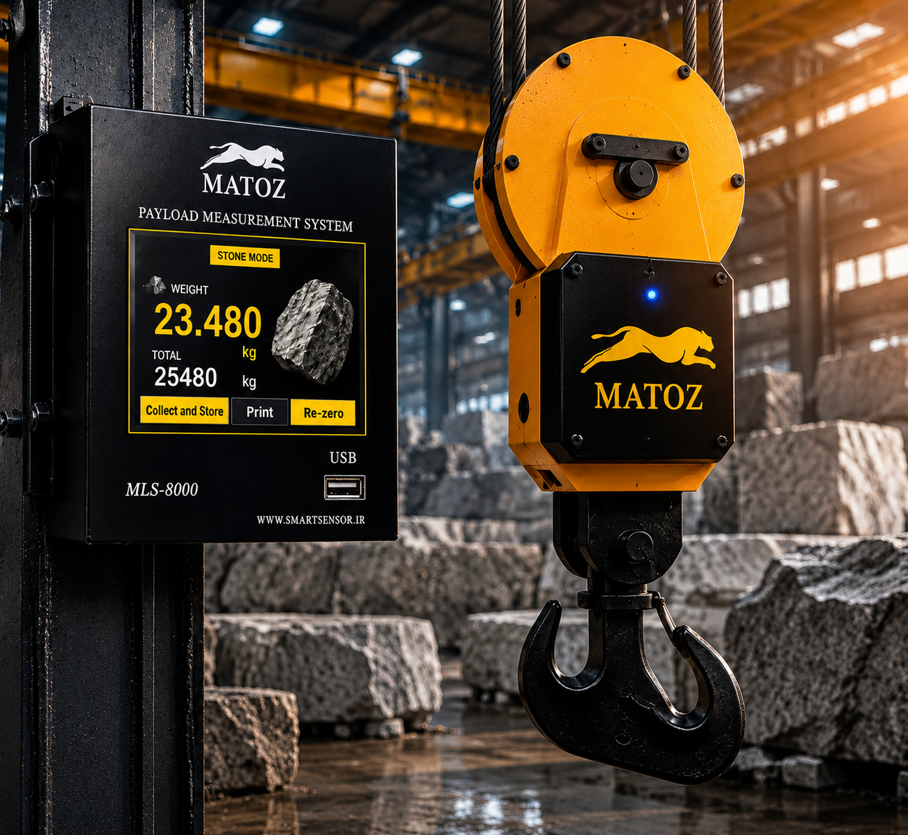 crane scale lifting heavy stone blocks with real-time weight monitoring in a stone processing factory