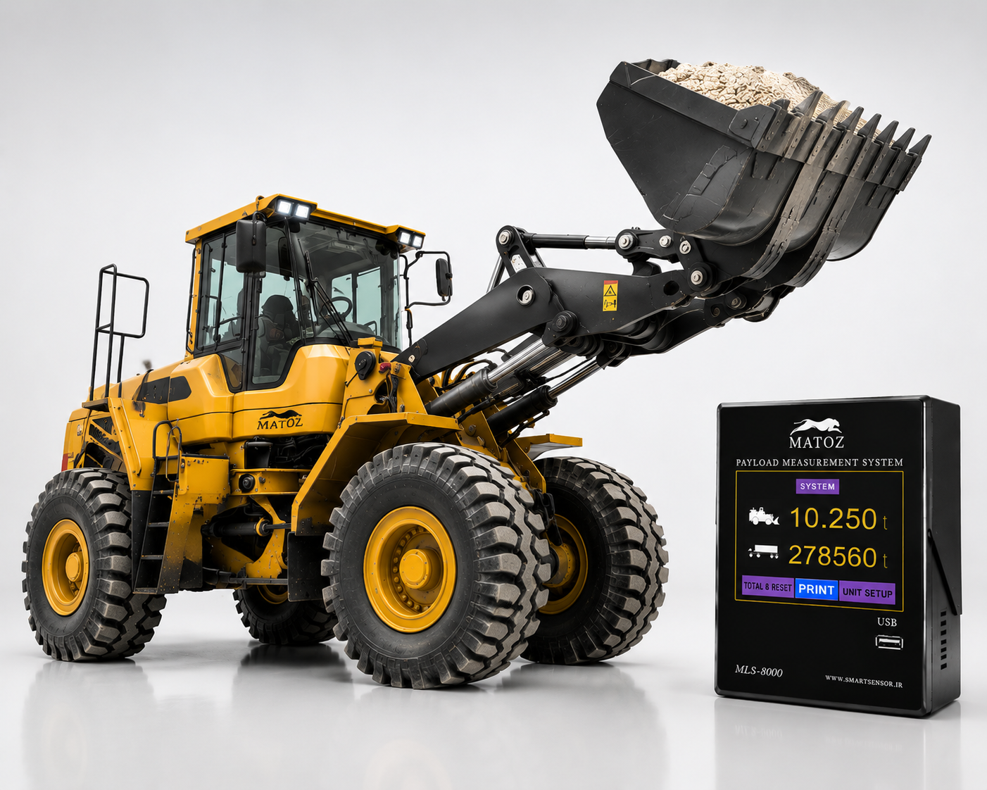 MATOZ Loader Scale on wheel loader with digital payload display On board loader weighing system - Loader Scale Industrial loader scale with clear digital display